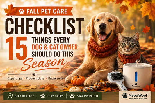 Fall pet care checklist featuring a golden retriever and tabby cat with autumn leaves, grooming tools, and a pet water fountain.