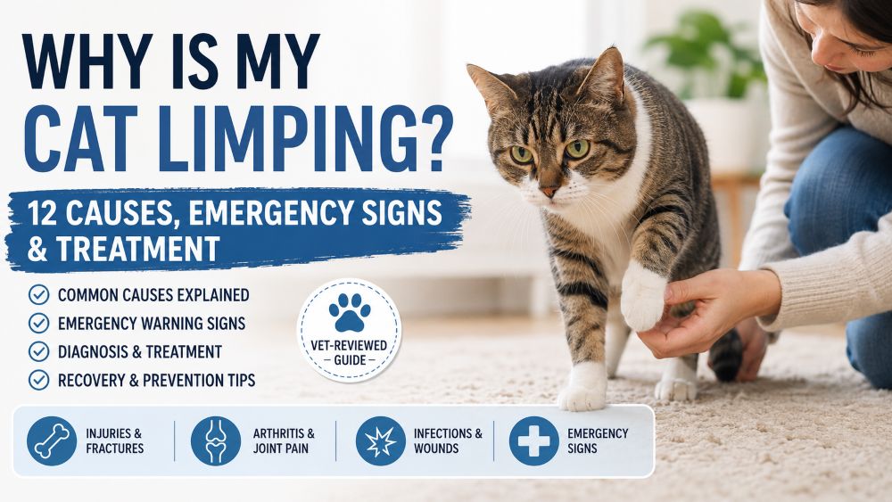 Cat limping on front leg while owner checks the paw – causes, emergency signs, and treatment guide