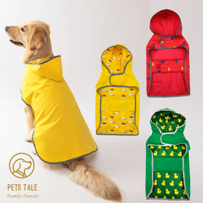 Dog wearing a yellow raincoat with three other raincoats in different colors on a white background.