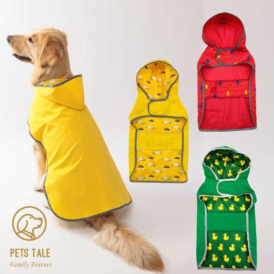 Dog wearing a yellow raincoat with three other raincoats in different colors on a white background.
