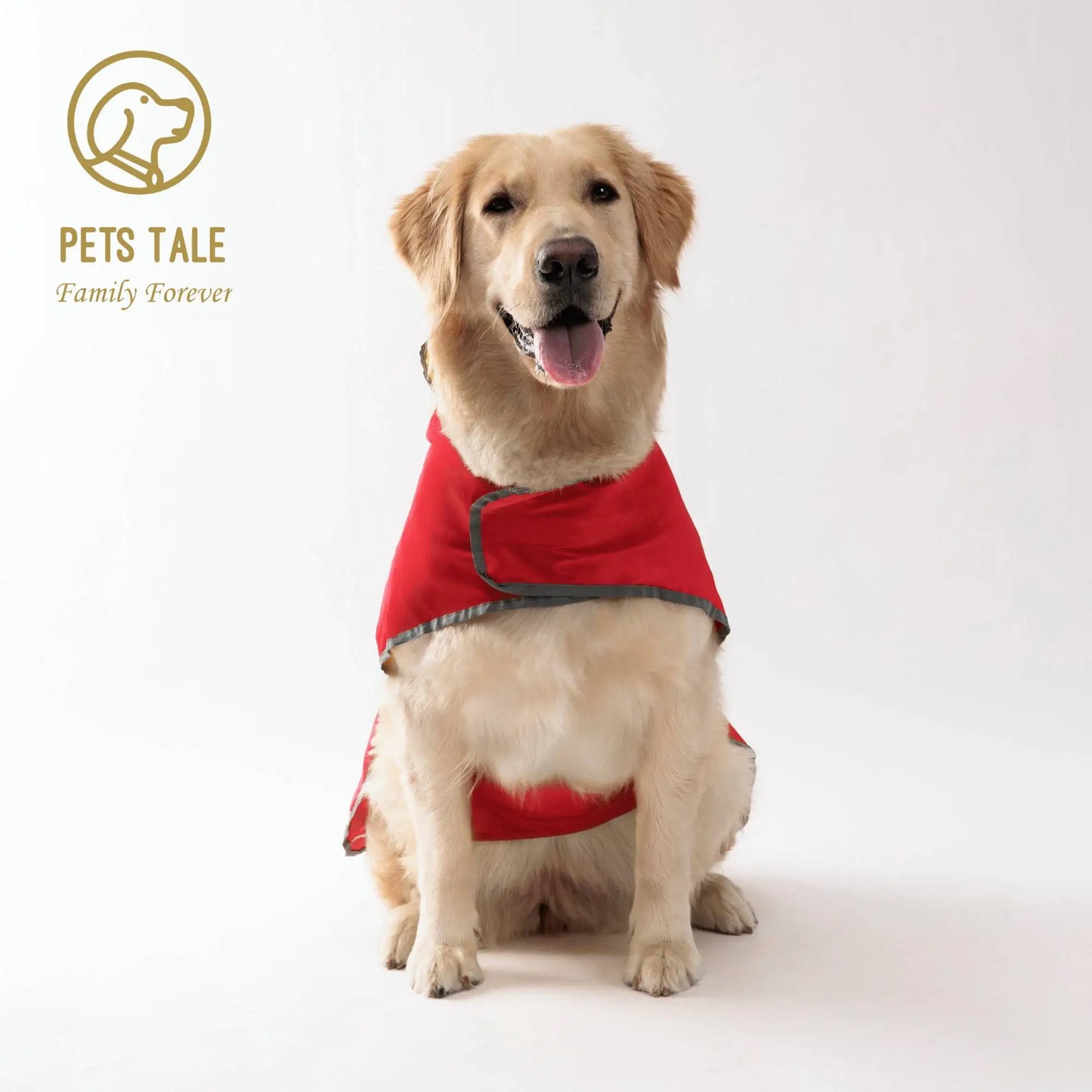 Dog wearing a red coat with 'Pets Tale' logo in the corner