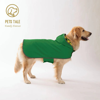 Dog wearing a green coat with 'Pets Tale' logo on a white background