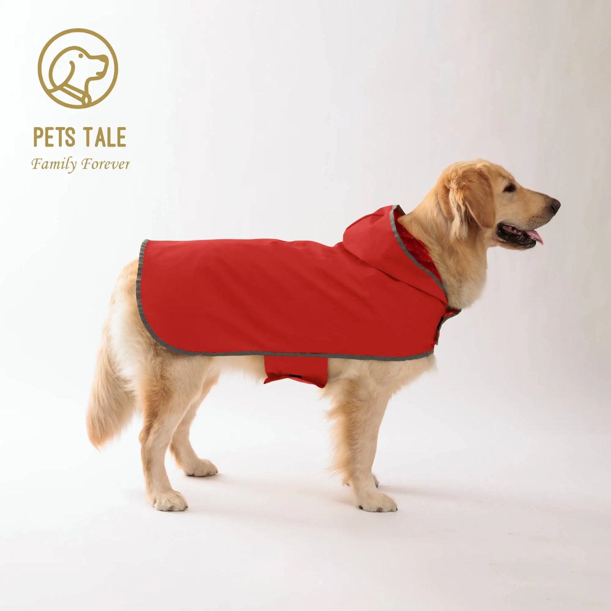 Dog wearing a red coat with 'Pets Tale' logo on a white background