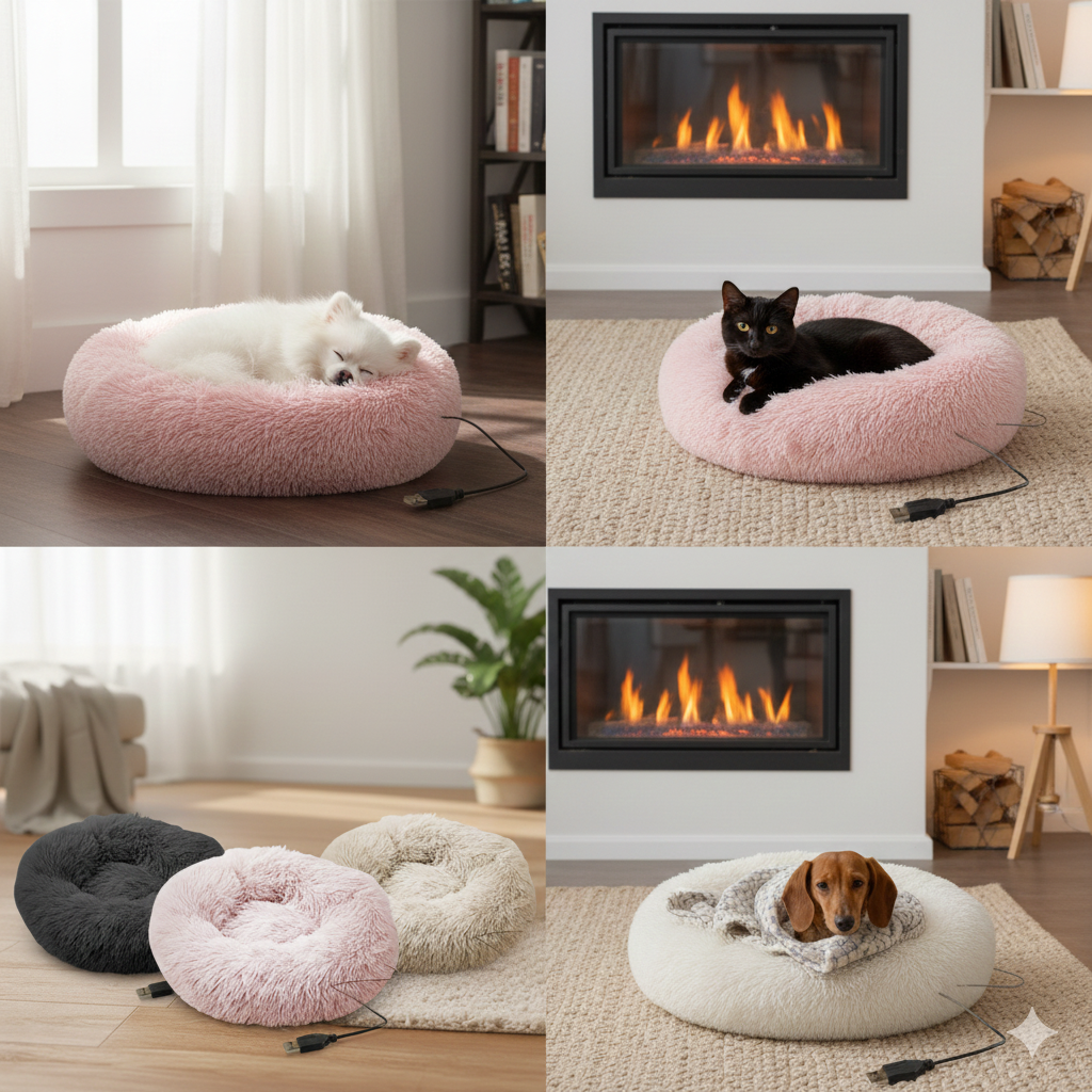 Round Dog Bed Soft Plush Pet Beds with USB Heating