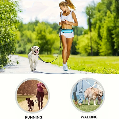 Woman walking a dog on a leash with additional insets showing running and walking scenarios.