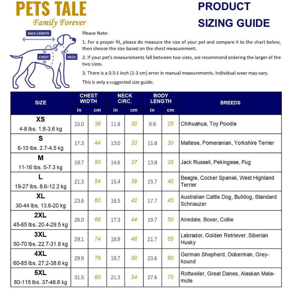 A product size guide chart for 'Pets Tail' dog collars, featuring a size table with chest width, neck circumference, and body length measurements for different sizes (XS to 5XL) and common breeds. Includes a small diagram of a collar on a dog.