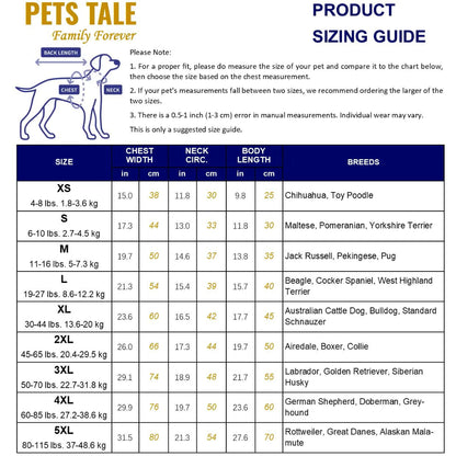 A product size guide chart for 'Pets Tail' dog collars, featuring a size table with chest width, neck circumference, and body length measurements for different sizes (XS to 5XL) and common breeds. Includes a small diagram of a collar on a dog.