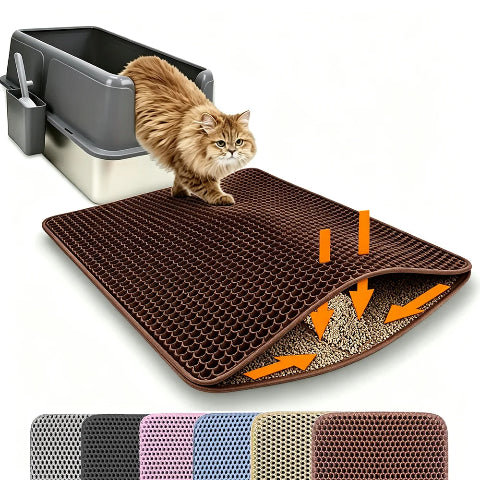 Premium waterproof double layer cat litter mat with honeycomb litter trapping design brown