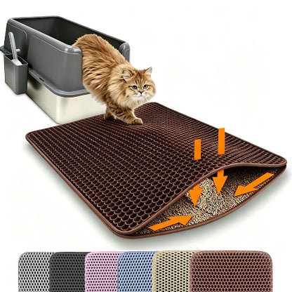 Premium waterproof double layer cat litter mat with honeycomb litter trapping design brown