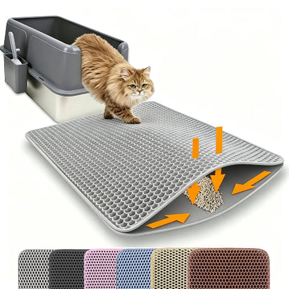 Premium waterproof double layer cat litter mat with honeycomb litter trapping design gray