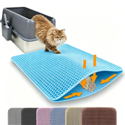 Premium waterproof double layer cat litter mat with honeycomb litter trapping design blue