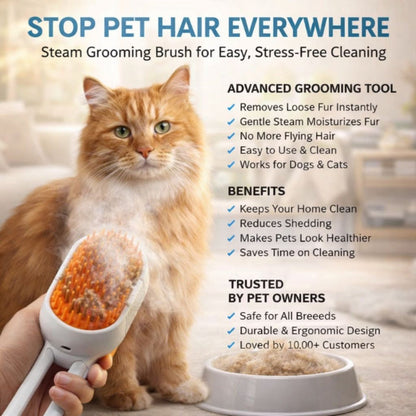 Steam Pet Grooming Brush Removing Loose Fur from a Cat